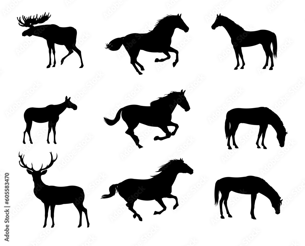 Different ungulates set. Picture silhouette black isolated on white background. Vector