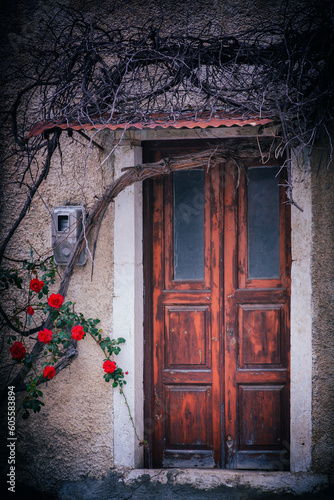 Stare drzwi wejściowe na greckiej uliczce, oplecione suchym pnączem i czerwonymi kwiatami kwitnącej róży. Rustykalny klimat w Grecji