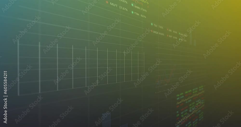 Animation of statistical and stock market data processing against green gradient background Animation of statistical and stock market data processing against green gradient background