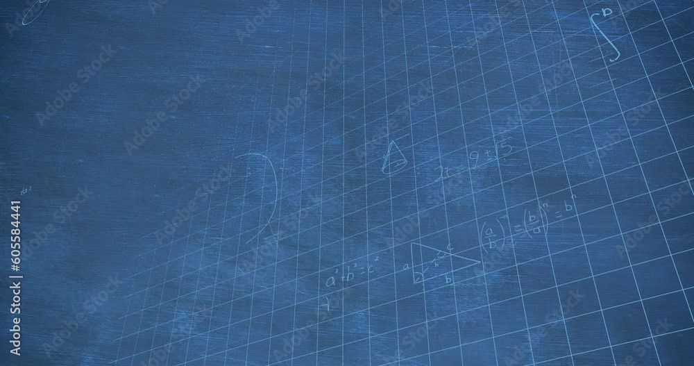 Animation of mathematical equations floating over grid network against blue chalkboard Animation of mathematical equations floating over grid network against blue chalkboard