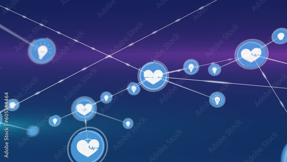 Animation of network of digital icons over pink and green light trails against blue background Animation of network of digital icons over pink and green light trails against blue background