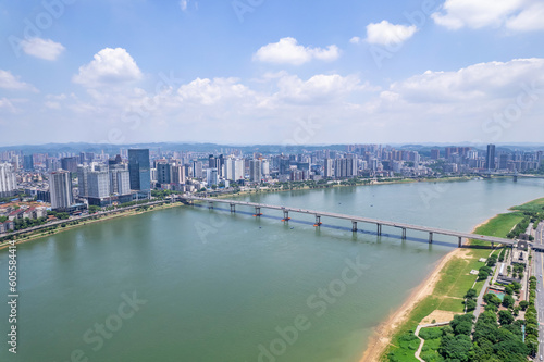Cityscape under the blue sky and white clouds in Zhuzhou, China