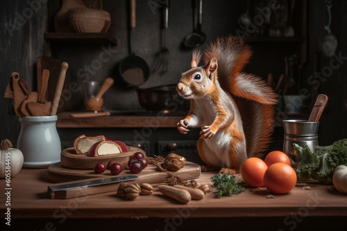A squirrel working as a professional chef, creating culinary masterpieces.   Generative Ai © DigitalGold