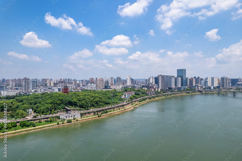 Cityscape under the blue sky and white clouds in Zhuzhou, China