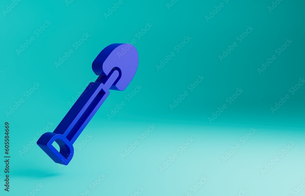 Blue Shovel icon isolated on blue background. Gardening tool. Tool for horticulture, agriculture, farming. Minimalism concept. 3D render illustration Blue Shovel icon isolated on blue background. Gardening tool. Tool for horticulture, agriculture, farming. Minimalism concept. 3D render illustration