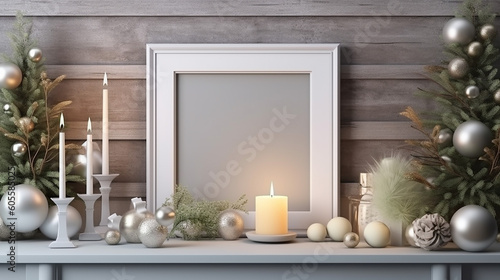 Christmas interior background with mock up poster frame. Generative AI
