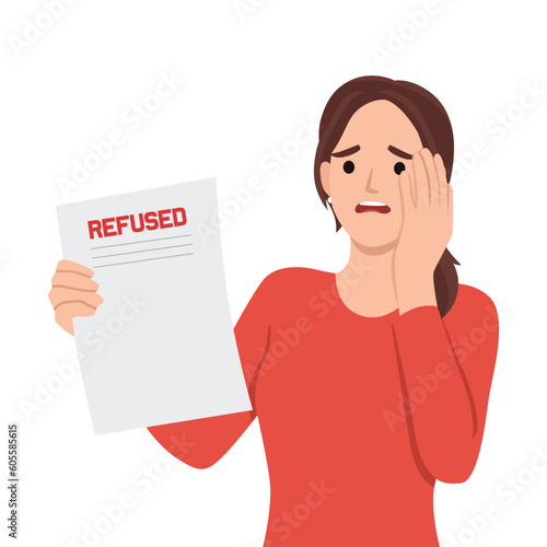 Unhappy unemployed woman with briefcase. Sad female character near paper CV. Job rejection, bad resume. Flat vector illustration isolated on white background