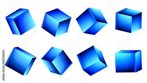 3d blue metallic gradient cubes set on transparent background.