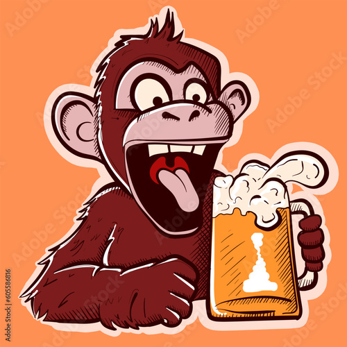 Digital art of a thirsty monkey drinking a pint of beer. Funny cartoon ape with fur celebrating oktoberfest.