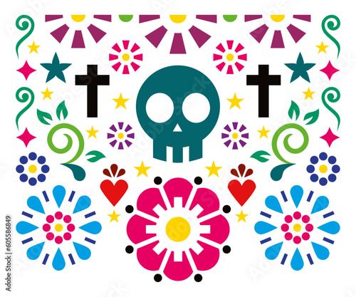 
	
Mexican folk art vector folk art design with skull, crosses and flowers, Halloween and Day of the Dead colorful pattern - greeting card