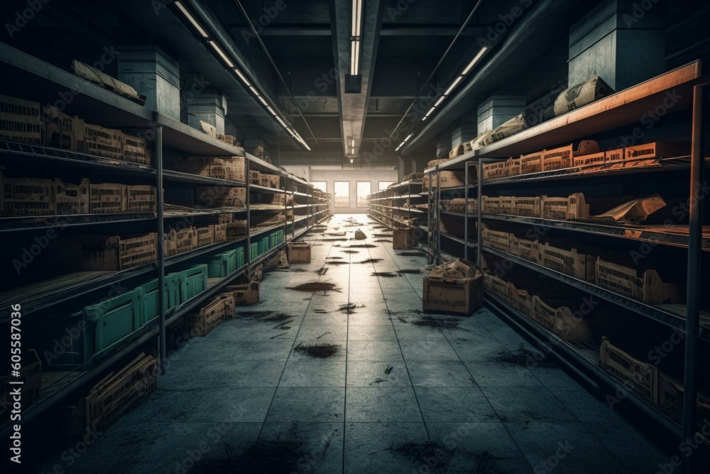 Illustration of a grimy supermarket aisle with deserted shelves. Generative AI