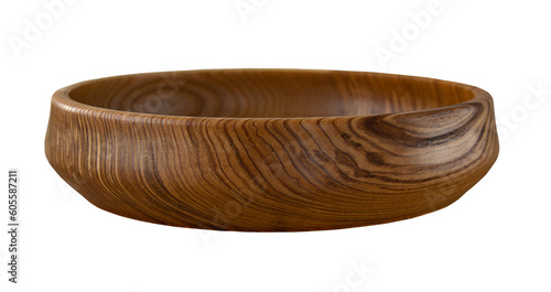 Wooden brown round bowl isolated on white background. Side view