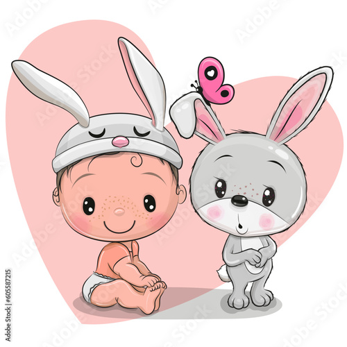 Cartoon Baby in a rabbit hat and rabbit