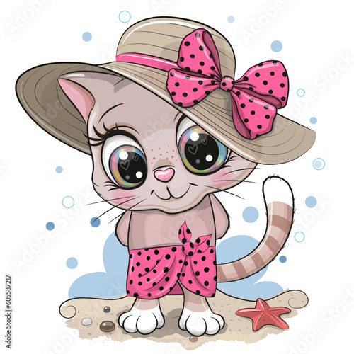 Cartoon Kitty on the beach in a straw hat