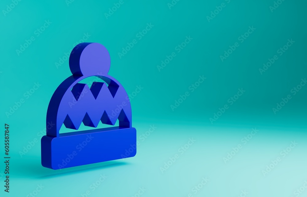 Blue Beanie hat icon isolated on blue background. Minimalism concept. 3D render illustration Blue Beanie hat icon isolated on blue background. Minimalism concept. 3D render illustration