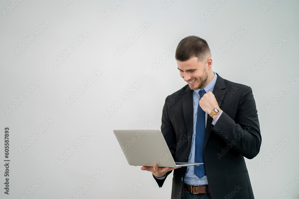 Portrait of a Business Man Showing a Gesture of joy and Success on a White Background Portrait of a Business Man Showing a Gesture of joy and Success on a White Background