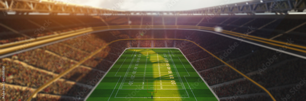 Top view image of american football arena with grass field and blurred fans at playground view on daytime.. 3D render. Concept of outdoot sport, activity, football, championship, match, game space