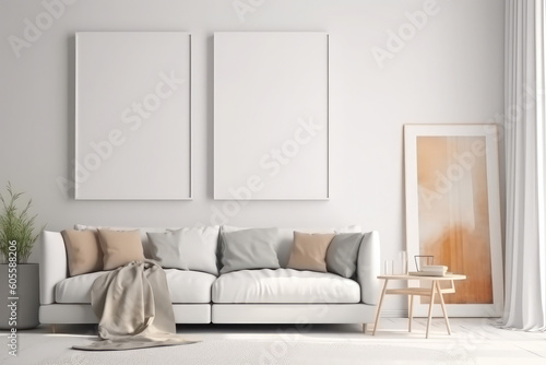 Blank white square frame on white wall in a light and modern living room. Mock up template for Design or product placement, generative AI