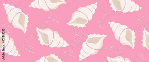 Vector flat illustration. Seamless sea shells on a pink background. In cartoon style. Cute lint print. Perfect for gift wrapping, poster, cover, screen saver, textile decor and more.