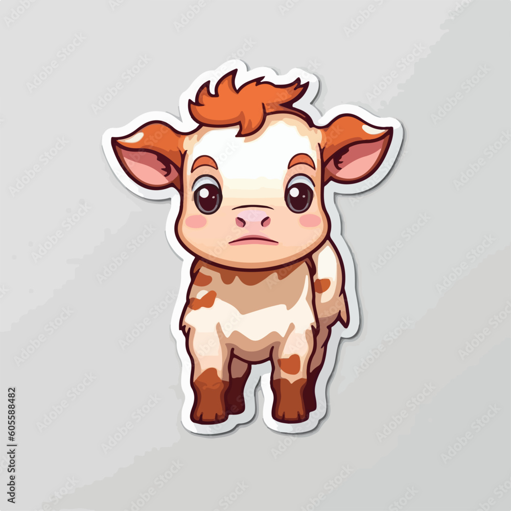 Cow flat drawing. Little calf cute kawaii style. Cartoon character animal in baby manner. For kids game, animation, app. Milk dairy products. Sticker, emoji, icon, logo, simple vector. Generative AI