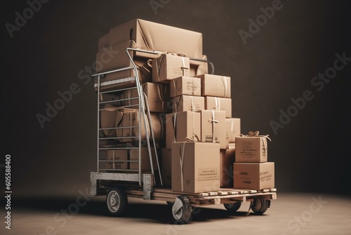 3D render of cart beside pile of cardboard boxes against white background. Generative AI © Vlcek