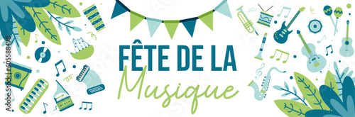 Fête de la musique - Bannière festive et colorée autour de la musique - Illustrations d'instruments et textes vectoriels éditables
