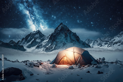 Camping in the snowy mountains on a Expedition. Beautiful winter nature landscape. A pitched tent under the shining stars of the milky way night sky with snowy mountains in the background, generative 