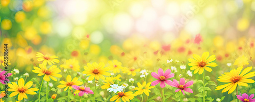 Summer spring natural flower background banner. Wildflowers on bright sunny day with beautiful bokeh. Sunny garden in sunlight on nature outdoors. wide banner format. Generative AI