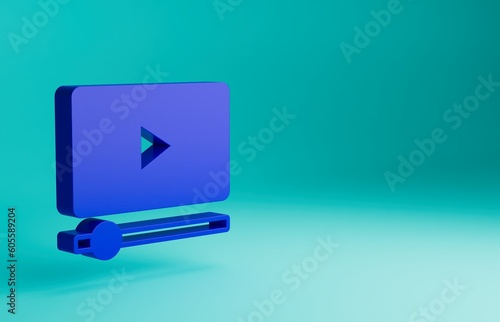Blue Online play video icon isolated on blue background. Film strip with play sign. Minimalism concept. 3D render illustration
