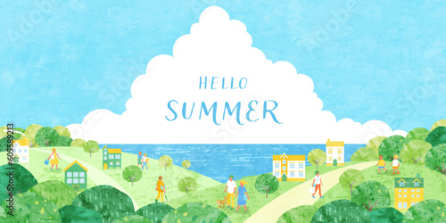 夏の街並みと人々のベクターイラスト。大きな入道雲と海の横長の背景。