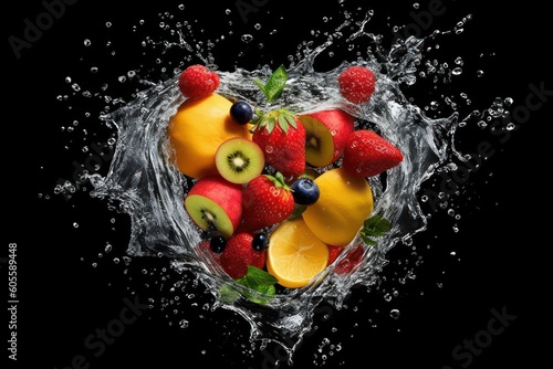 Various Fruit in the heart shape with splash water  Healthy fruits Rich in Vitamins. Generative Ai