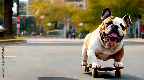 a wide view of an bulldog riding a skateboard © prasanth
