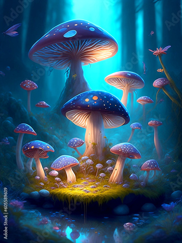 fairytale magic mushrooms growing in the forest illustration generated by artificial intelligence