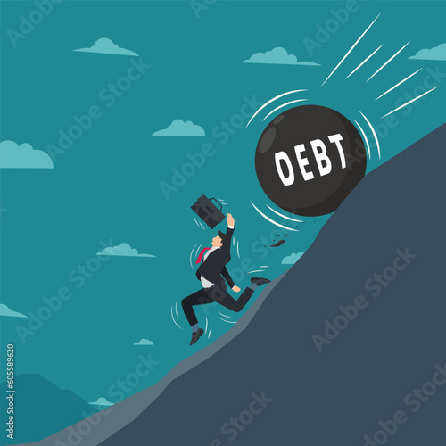 Businessman in danger with DEBT ball is rolling down to him design vector illustration