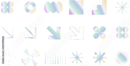 Holographic foil sticker. Holo emblem tags templates with iridescent color gradient, geometric symbols and objects in y2k style