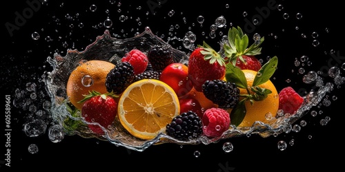 Various Fruit with Water Splash on Dark Background  Healthy fruits Rich in Vitamins. Generative Ai