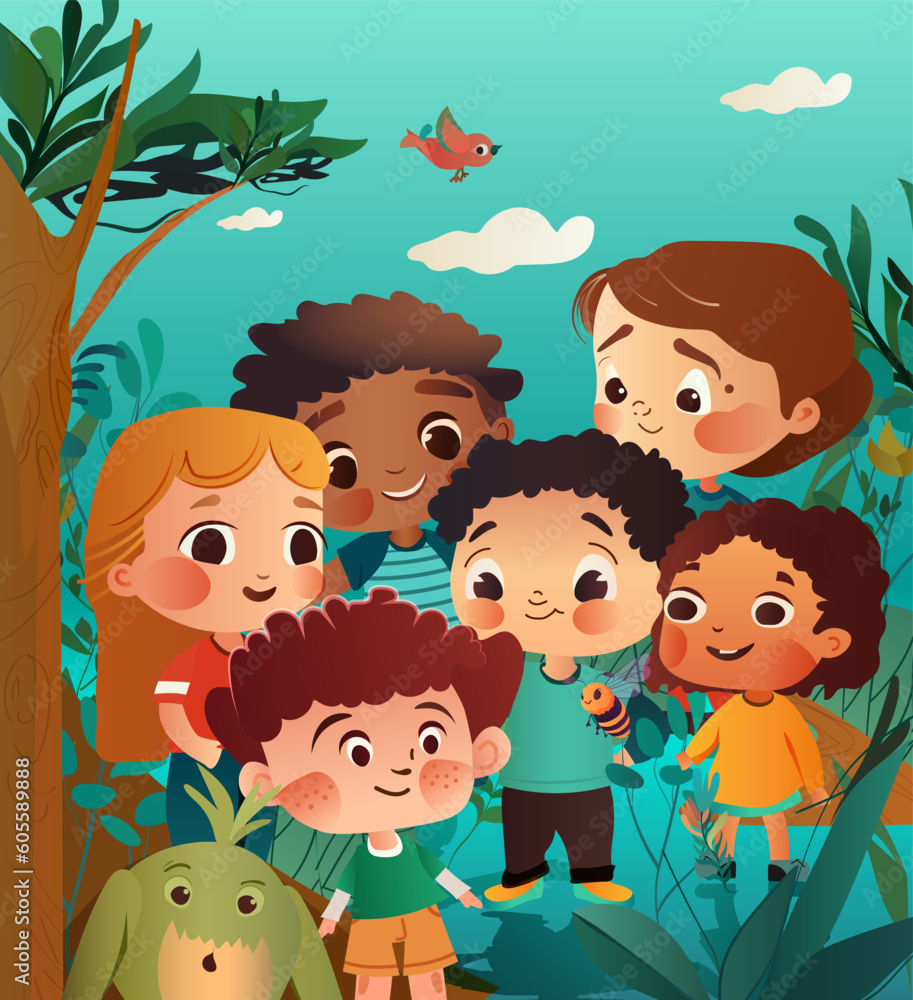 Funny kids, cartoon style, children with apples Funny kids, cartoon style, children with apples