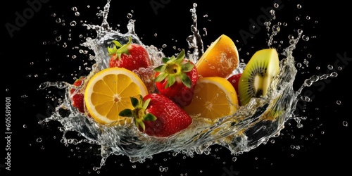Various Fruit with Water Splash on Dark Background  Healthy fruits Rich in Vitamins. Generative Ai