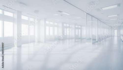 Abstract blurred office interior room. blurry working space with defocused effect. modern business, commercial real estate backdrop. Generative AI