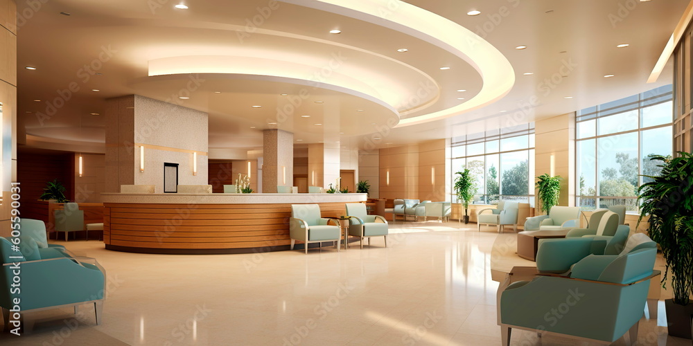 Detailed interior shots of a modern hospital lobby, showcasing the sleek design, comfortable seating areas, and welcoming atmosphere. Generative AI