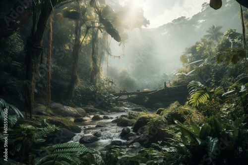 Artistic depiction of a lush, misty tropical environment with cascading waterfalls. Generative AI © Varone