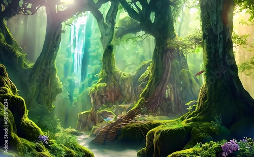 green forest in the morning. "Enchanted Serenity: A Mystical Forest with Towering Ancient Trees, Sunlit Magic, and Mythical Creatures" © Iresha