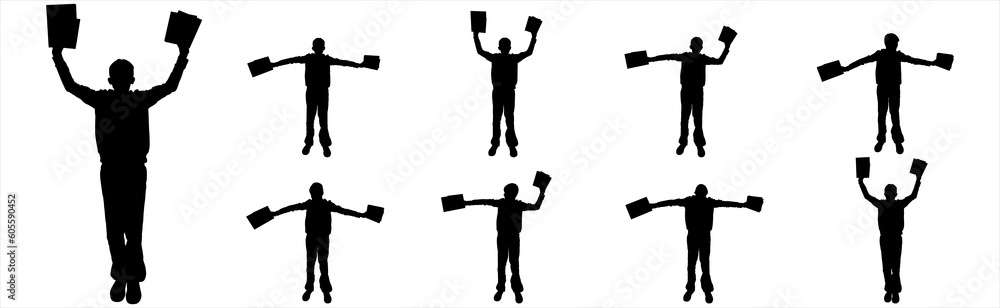 The teenager spread his arms wide, holding books and notebooks. Joyful boy with textbooks. Back to school. Front view looking at the camera. Black silhouette of a teenager isolated in white background The teenager spread his arms wide, holding books and notebooks. Joyful boy with textbooks. Back to school. Front view looking at the camera. Black silhouette of a teenager isolated in white background