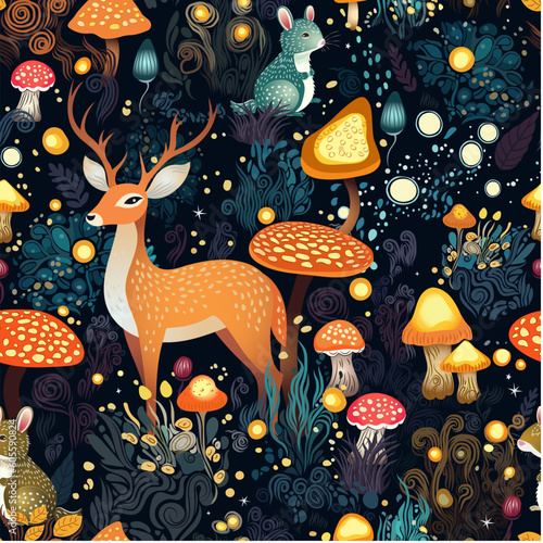 Fantasy forest with mushrooms, grass, glowing lights. Abstract repeated background with wild animals and deer in magical night. Fairy woodland seamless pattern  © zzorik