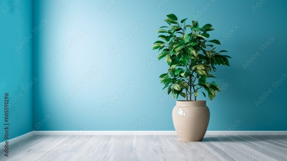 Indoor Plant in Ceramic Pot against Blue Wall and Parquet Floor, Generative AI Indoor Plant in Ceramic Pot against Blue Wall and Parquet Floor, Generative AI
