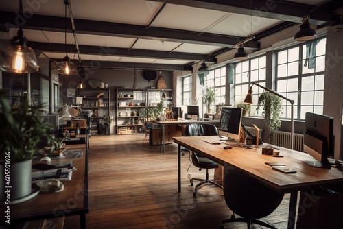 Fun workspace with shared desks and meeting room in loft. Generative AI