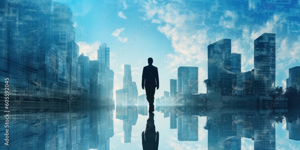 The Double Exposure of Businessman Walking Through Cityscape. Generative AI The Double Exposure of Businessman Walking Through Cityscape. Generative AI