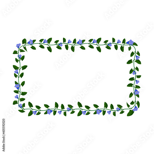Green blooming liana plant frame with blue flowers. Cartoon rectangular horizontal border for greeting card decorating, invitation cards. Colored vector isolated on white background