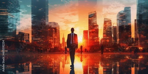 The Double Exposure of Businessman Walking Through Cityscape. Generative AI © CYBERUSS
