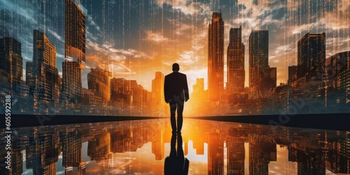 The Double Exposure of Businessman Walking Through Cityscape. Generative AI